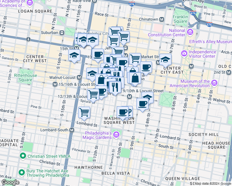 map of restaurants, bars, coffee shops, grocery stores, and more near 1020 Locust Street in Philadelphia