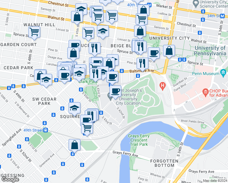 map of restaurants, bars, coffee shops, grocery stores, and more near 621 South 42nd Street in Philadelphia