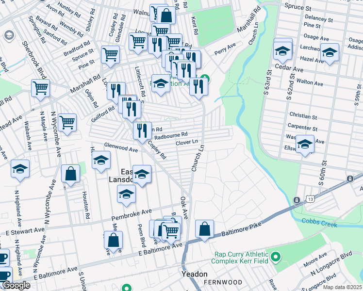 map of restaurants, bars, coffee shops, grocery stores, and more near 7062 Clover Lane in Upper Darby