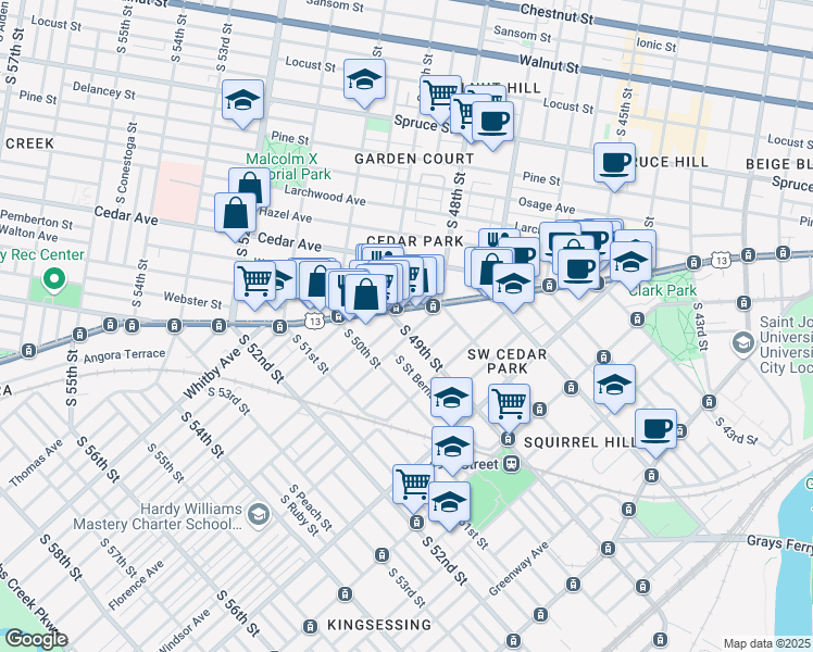 map of restaurants, bars, coffee shops, grocery stores, and more near 4821 Florence Avenue in Philadelphia