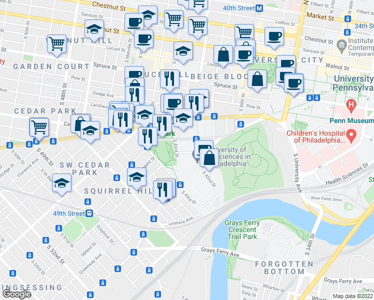 map of restaurants, bars, coffee shops, grocery stores, and more near 4225 Regent Square in Philadelphia