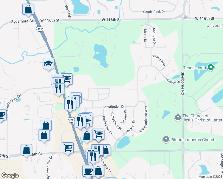map of restaurants, bars, coffee shops, grocery stores, and more near 3927 Weston Pointe Drive in Zionsville