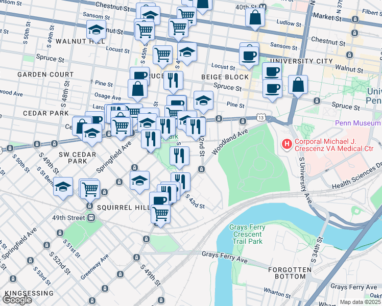 map of restaurants, bars, coffee shops, grocery stores, and more near 4225 Regent Square in Philadelphia