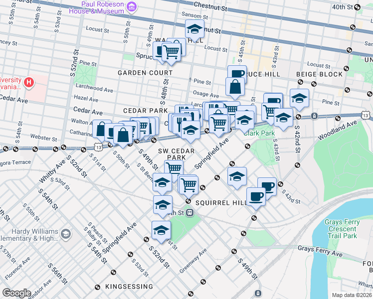 map of restaurants, bars, coffee shops, grocery stores, and more near 907 South 47th Street in Philadelphia