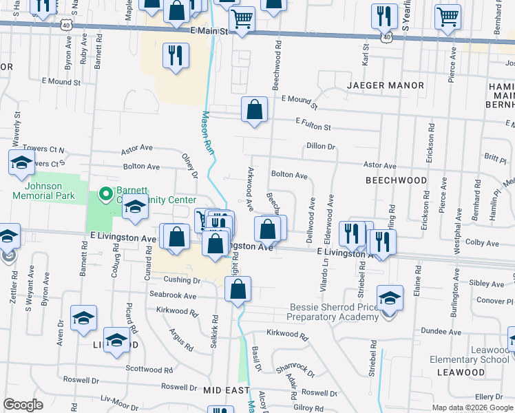 map of restaurants, bars, coffee shops, grocery stores, and more near 1228 Arkwood Avenue in Columbus