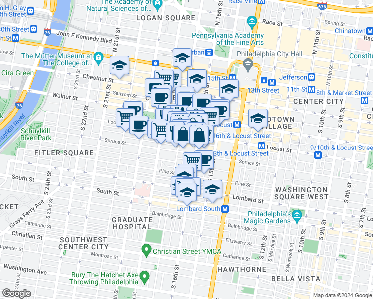 map of restaurants, bars, coffee shops, grocery stores, and more near 1619 Spruce Street in Philadelphia