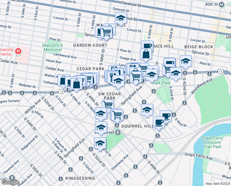map of restaurants, bars, coffee shops, grocery stores, and more near 907 South 47th Street in Philadelphia