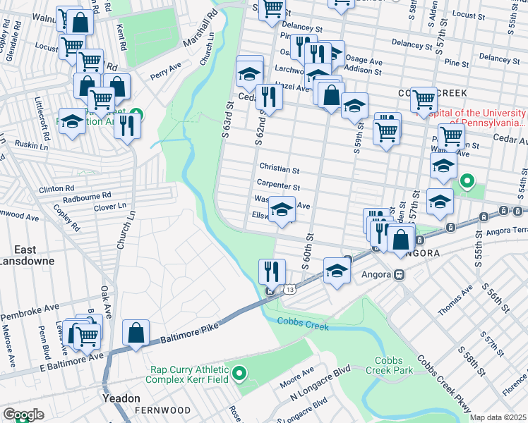 map of restaurants, bars, coffee shops, grocery stores, and more near 6119 Ellsworth Street in Philadelphia
