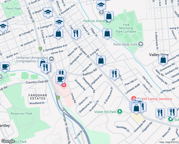 map of restaurants, bars, coffee shops, grocery stores, and more near 153 Rathton Road in York