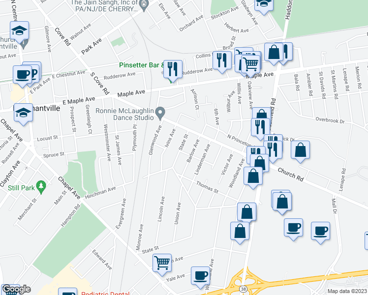 map of restaurants, bars, coffee shops, grocery stores, and more near 113 State Street in Cherry Hill