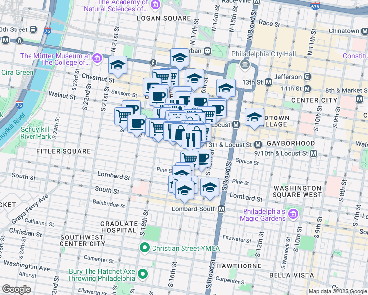 map of restaurants, bars, coffee shops, grocery stores, and more near 1619 Spruce Street in Philadelphia
