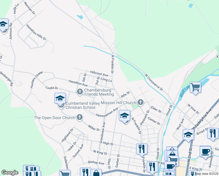 map of restaurants, bars, coffee shops, grocery stores, and more near 459 Hamilton Avenue in Chambersburg