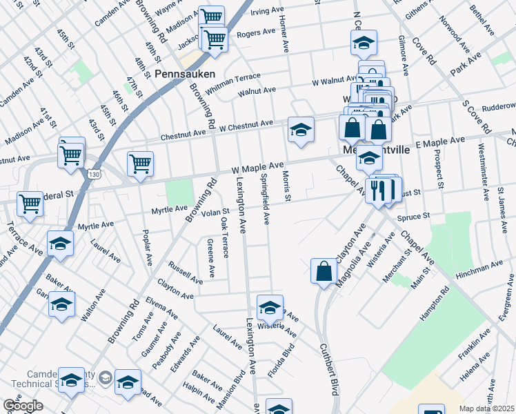 map of restaurants, bars, coffee shops, grocery stores, and more near 220 Volan Street in Merchantville