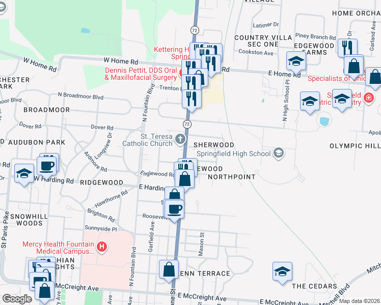 map of restaurants, bars, coffee shops, grocery stores, and more near 225 Floral Avenue in Springfield
