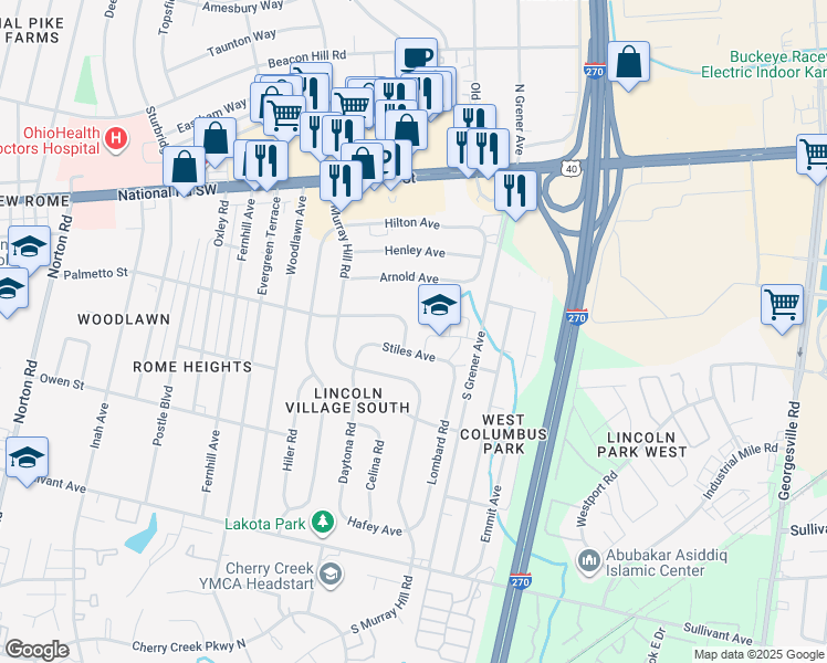map of restaurants, bars, coffee shops, grocery stores, and more near 3805 Stiles Avenue in Columbus