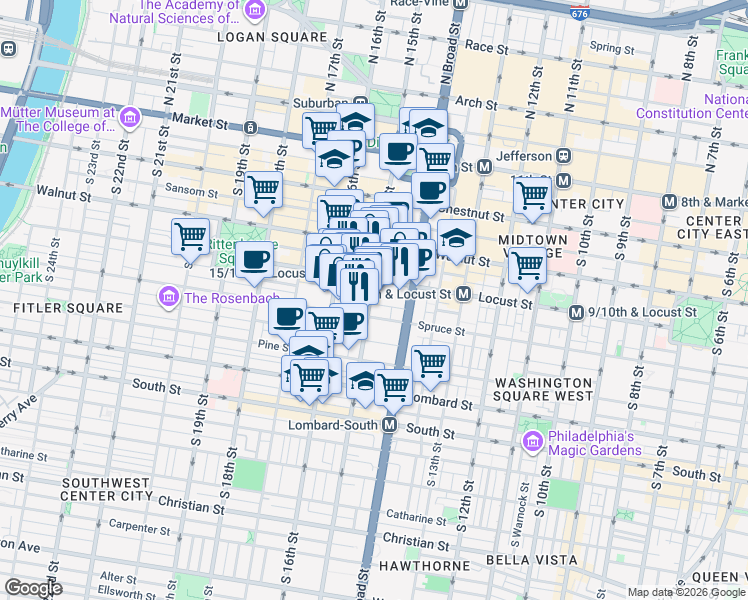 map of restaurants, bars, coffee shops, grocery stores, and more near in Philadelphia