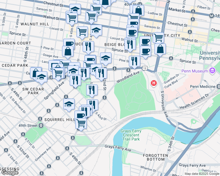 map of restaurants, bars, coffee shops, grocery stores, and more near 611 South 42nd Street in Philadelphia