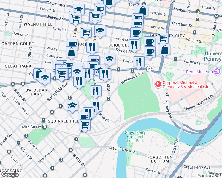 map of restaurants, bars, coffee shops, grocery stores, and more near in Philadelphia