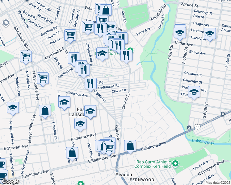 map of restaurants, bars, coffee shops, grocery stores, and more near 7062 Clover Lane in Upper Darby