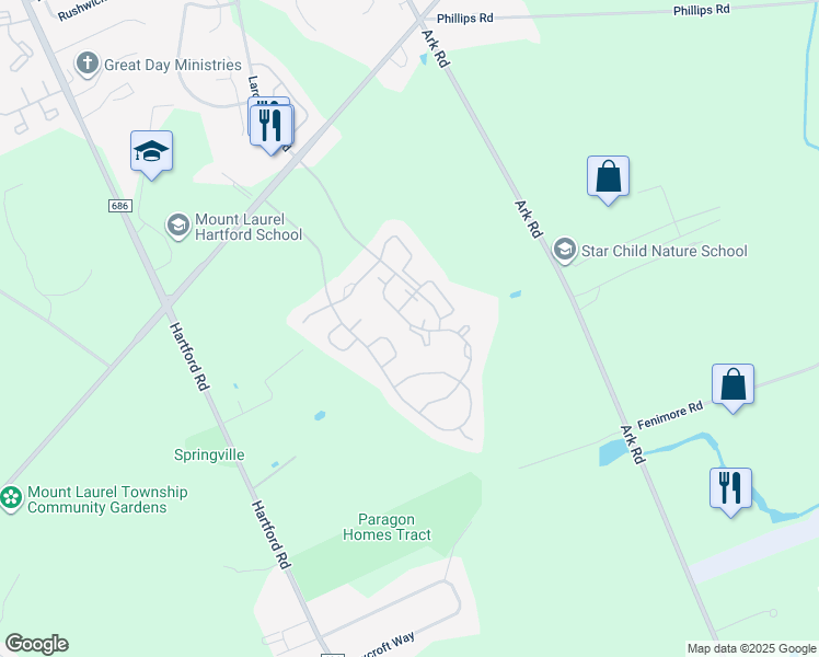 map of restaurants, bars, coffee shops, grocery stores, and more near 3396 Ramsbury Court in Mount Laurel
