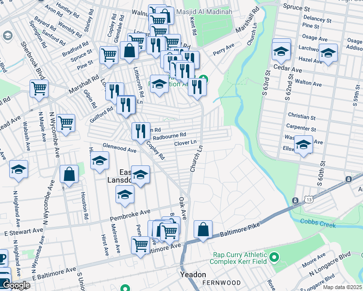 map of restaurants, bars, coffee shops, grocery stores, and more near 7061 Clover Lane in Delaware County