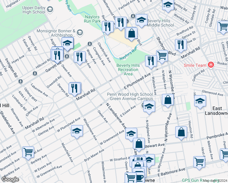 map of restaurants, bars, coffee shops, grocery stores, and more near 267 Wayne Ave in Lansdowne