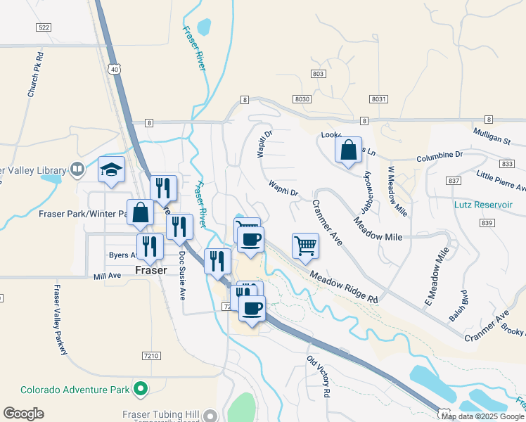 map of restaurants, bars, coffee shops, grocery stores, and more near 222 County Road in Granby
