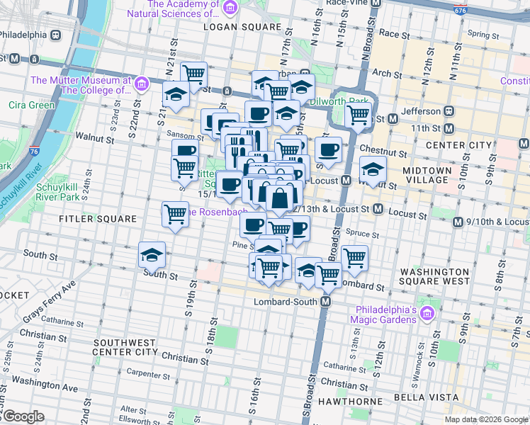 map of restaurants, bars, coffee shops, grocery stores, and more near 263 South 17th Street in Philadelphia