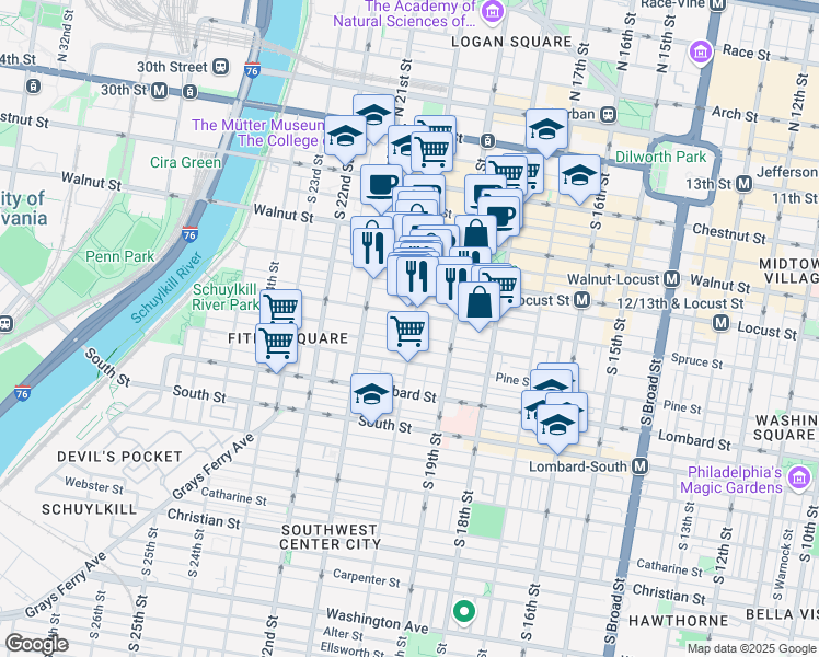 map of restaurants, bars, coffee shops, grocery stores, and more near 2003 Cypress Street in Philadelphia