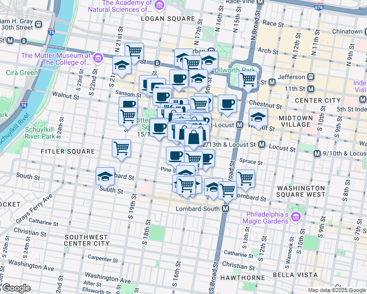 map of restaurants, bars, coffee shops, grocery stores, and more near 1629 Spruce Street in Philadelphia