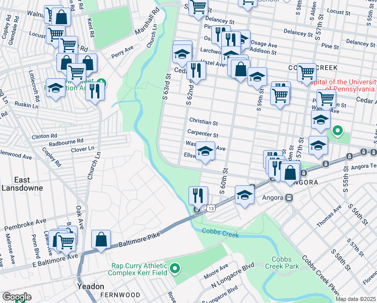 map of restaurants, bars, coffee shops, grocery stores, and more near 6127 Ellsworth Street in Philadelphia