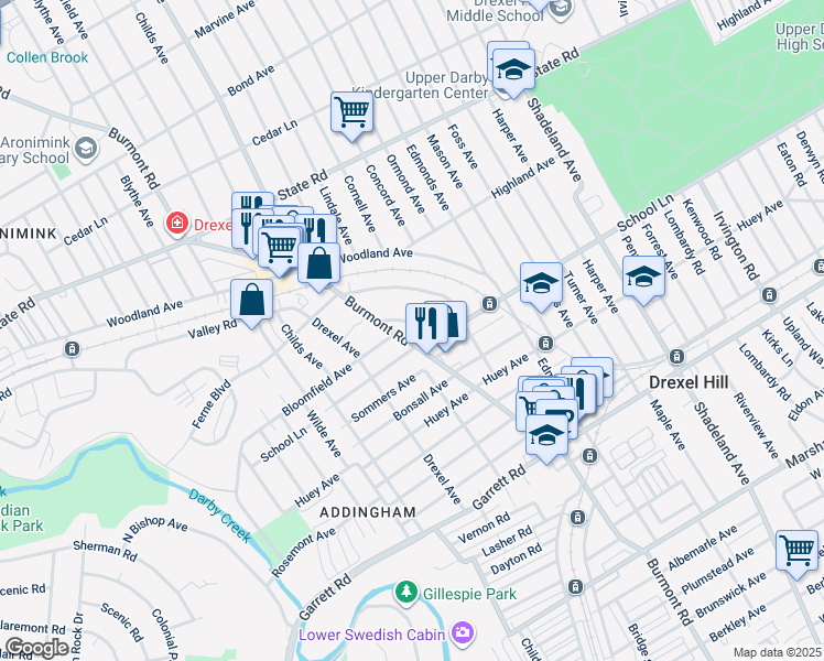 map of restaurants, bars, coffee shops, grocery stores, and more near 630 Aronimink Place in Drexel Hill