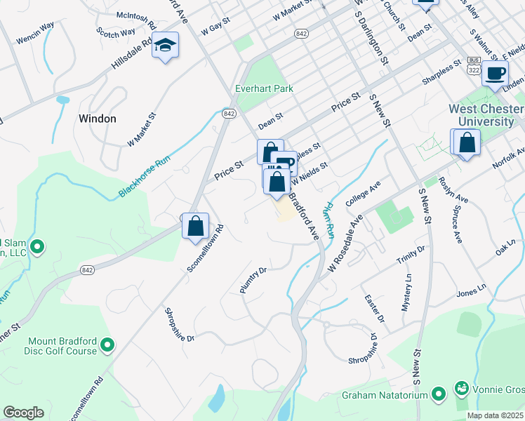 map of restaurants, bars, coffee shops, grocery stores, and more near 724 West Nields Street in West Chester