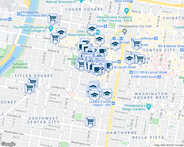 map of restaurants, bars, coffee shops, grocery stores, and more near 1629 Spruce Street in Philadelphia