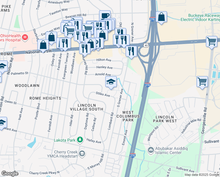 map of restaurants, bars, coffee shops, grocery stores, and more near 3805 Stiles Avenue in Columbus