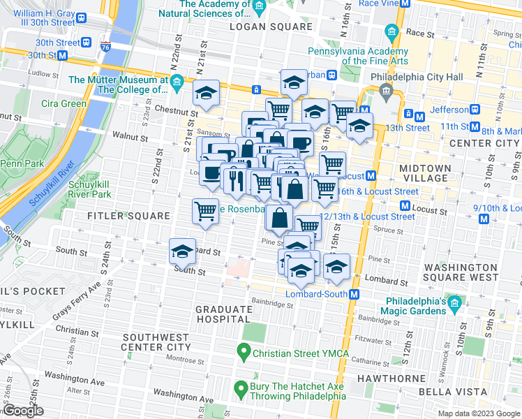 map of restaurants, bars, coffee shops, grocery stores, and more near S 18th St & Spruce St in Philadelphia