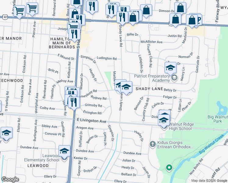 map of restaurants, bars, coffee shops, grocery stores, and more near 4657 Amesbury Road in Columbus