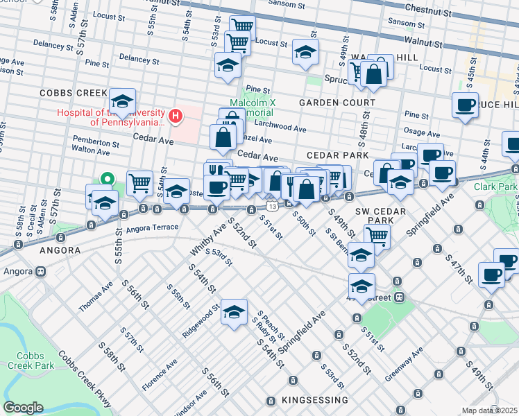 map of restaurants, bars, coffee shops, grocery stores, and more near Baltimore Avenue in Philadelphia