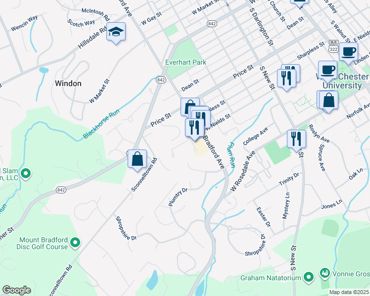 map of restaurants, bars, coffee shops, grocery stores, and more near 724 West Nields Street in West Chester