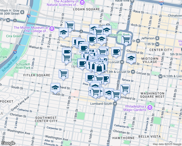 map of restaurants, bars, coffee shops, grocery stores, and more near 263 South 17th Street in Philadelphia