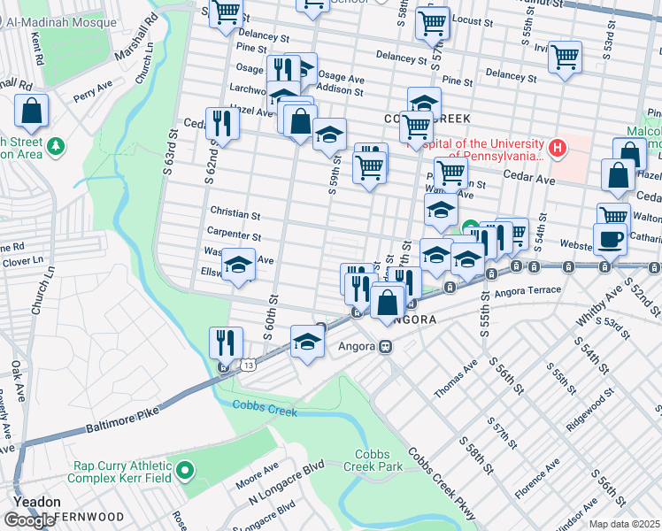 map of restaurants, bars, coffee shops, grocery stores, and more near 5849 Washington Avenue in Philadelphia
