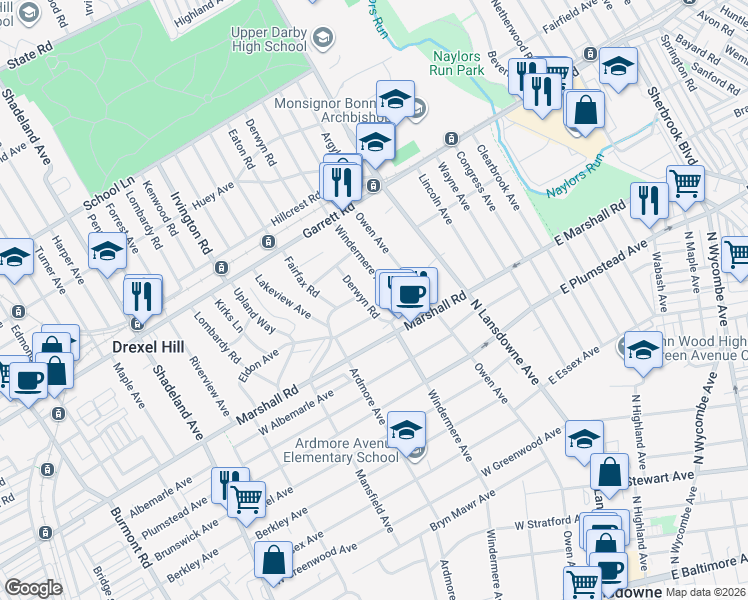 map of restaurants, bars, coffee shops, grocery stores, and more near 324 Windermere Avenue in Lansdowne