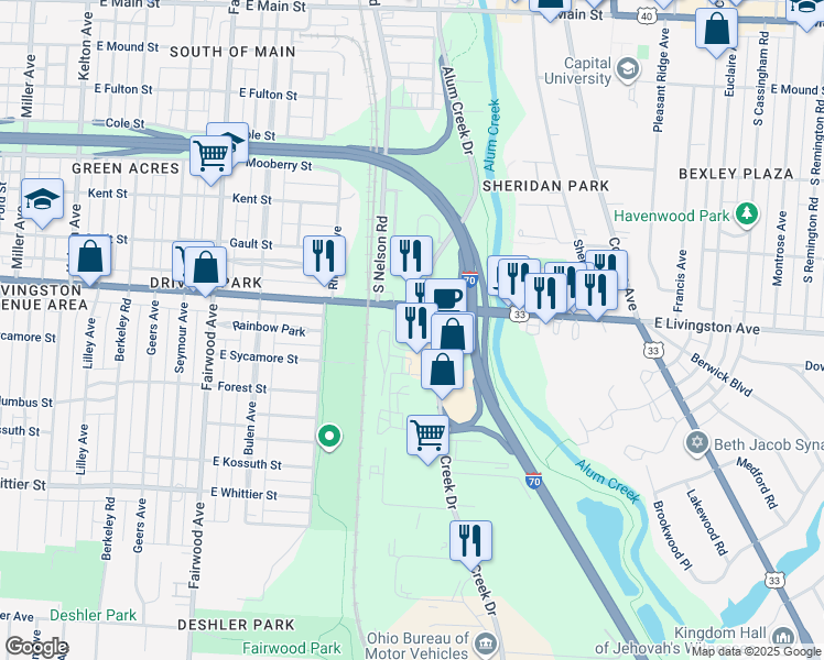 map of restaurants, bars, coffee shops, grocery stores, and more near 1937 East Livingston Avenue in Columbus