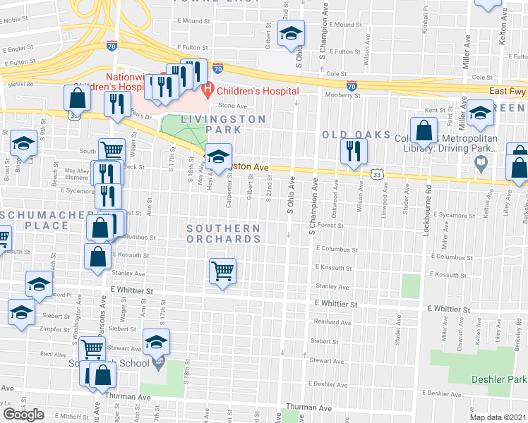 map of restaurants, bars, coffee shops, grocery stores, and more near 837 South 22nd Street in Columbus