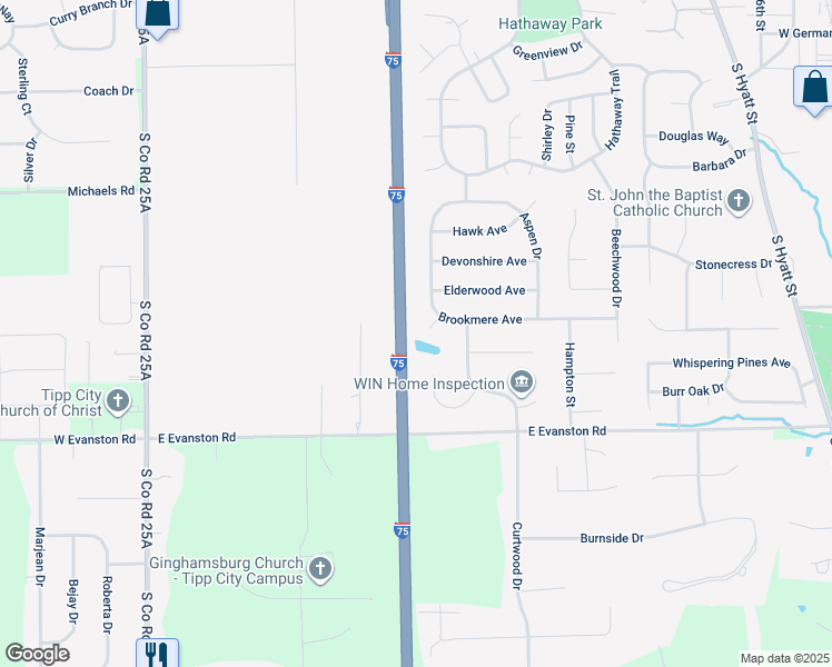map of restaurants, bars, coffee shops, grocery stores, and more near 919 Cypress Place in Tipp City
