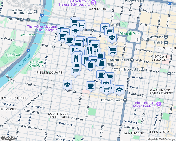 map of restaurants, bars, coffee shops, grocery stores, and more near 1824 Spruce Street in Philadelphia