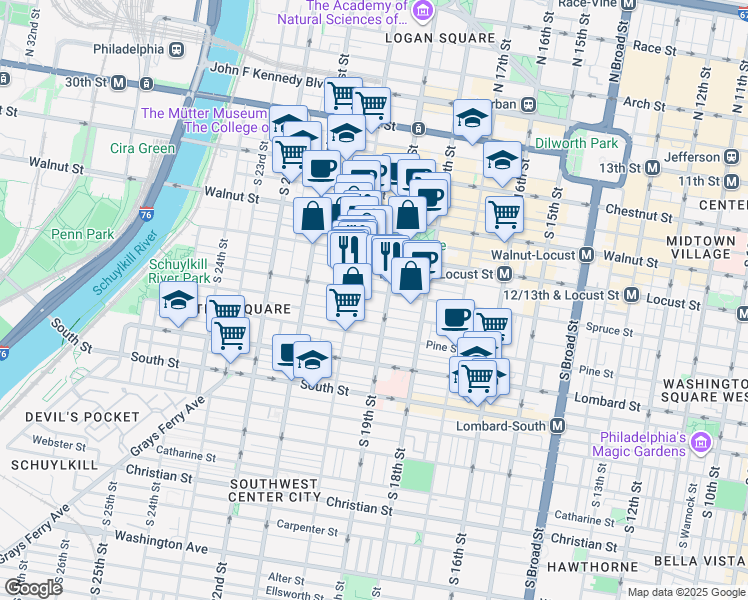 map of restaurants, bars, coffee shops, grocery stores, and more near 1928 Spruce Street in Philadelphia