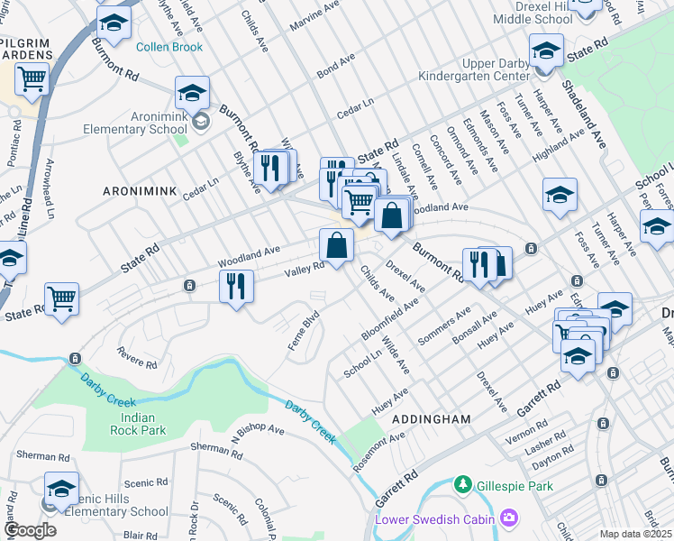 map of restaurants, bars, coffee shops, grocery stores, and more near 16 Wilde Avenue in Drexel Hill