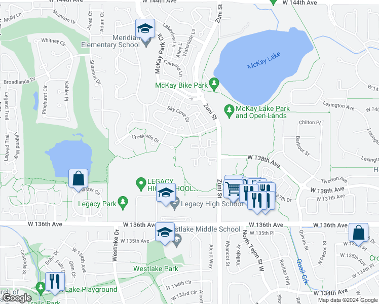 map of restaurants, bars, coffee shops, grocery stores, and more near 13900R Lake Song Lane in Broomfield