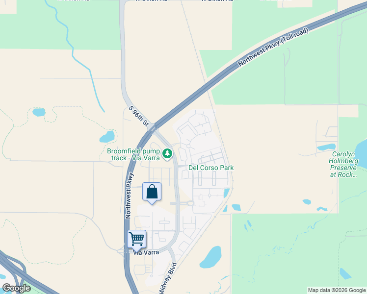 map of restaurants, bars, coffee shops, grocery stores, and more near 13872 Del Corso Way in Broomfield